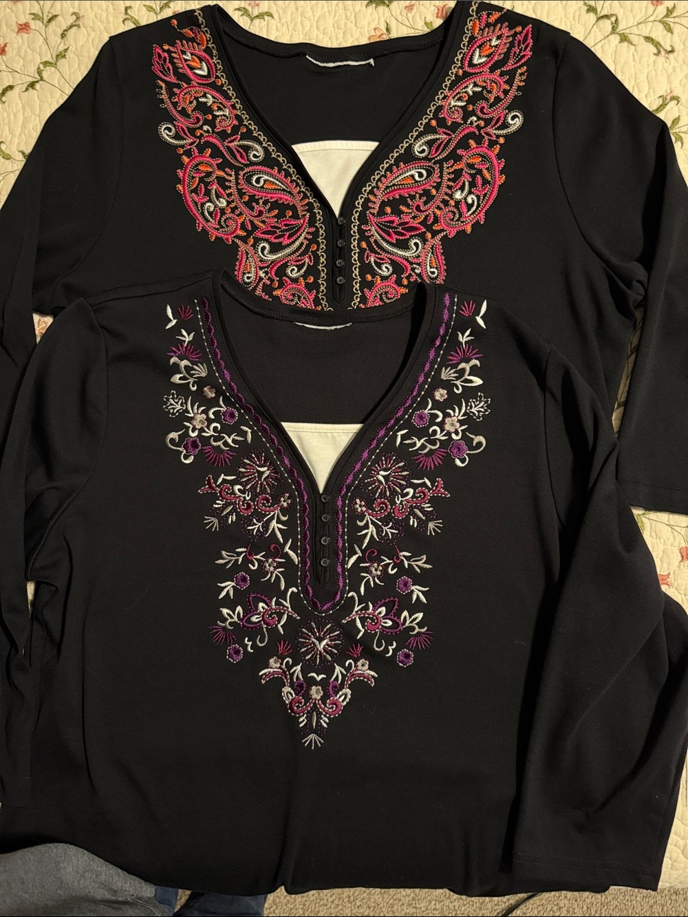 Pair Black Long-Sleeve Embroidered V-Neck Top - Black with Pink & Purple Accents